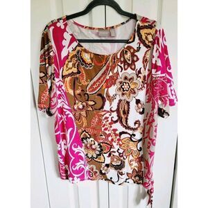 Chico's 3‎ Side Tie Scoop Neck Short Sleeve Shirt Top Paisley Pink Brown White